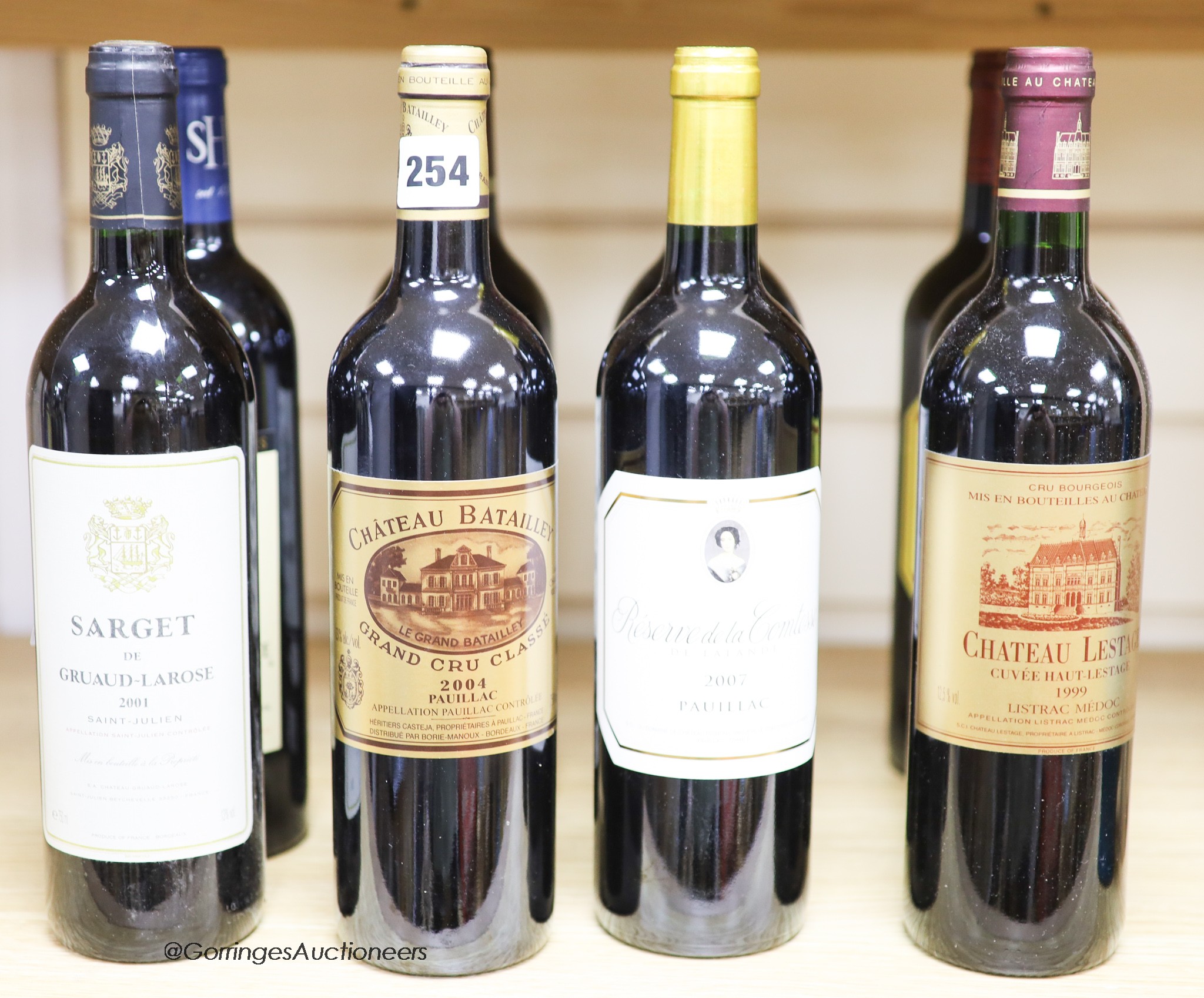 Nine assorted Bordeaux wines including two Chateau Lynch-Moussas, 2006, one Sargent de Gruaud Larose, 2001 and one Chateau Batailley, 2004.